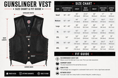 Size chart for the Legendary Gunslinger Men's Leather Vest with body measurements to help find your fit made in USA