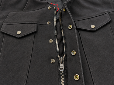Hillside USA black canvas riding shirt jacket, YKK zipper and snap storm flap detail