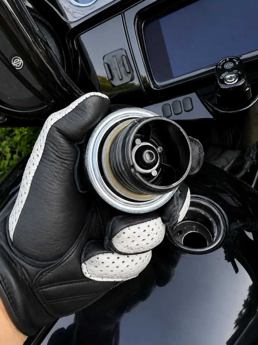 ILLEST DOZER White Outseam Gloves shown in a riding setting made in USA, a motorcycle glove — view 4 of 8