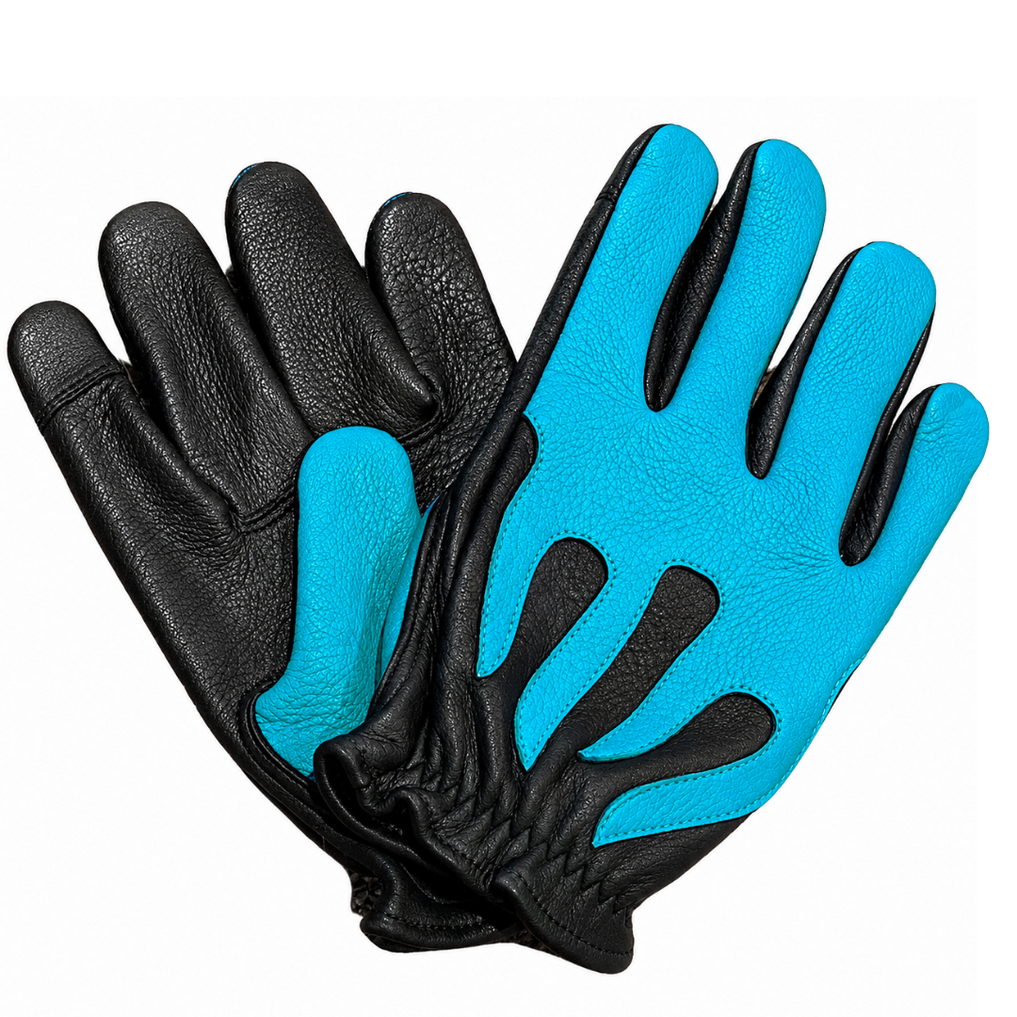 Legendary 'Spitfire' Black/Neon Blue Flame Deerskin Short Wrist Touchscreen Motorcycle Gloves