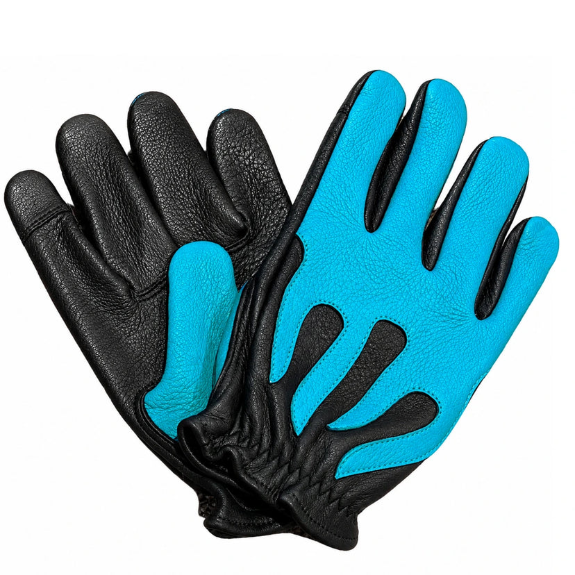 Spitfire Black Blue Flame Gloves in black deerskin made in USA, a motorcycle glove