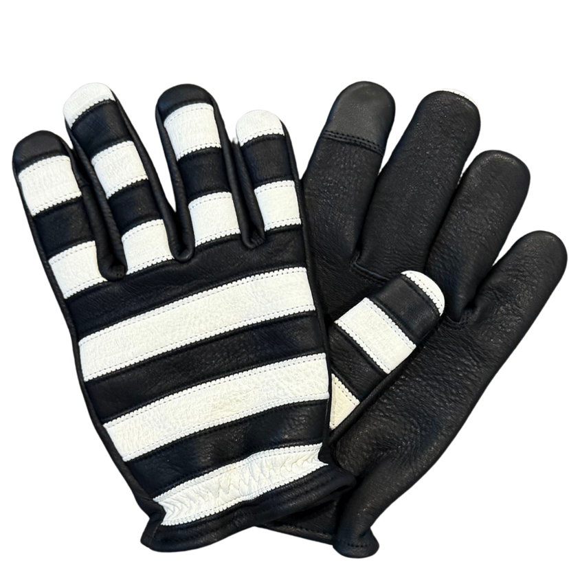 Legendary 'Jail Break' Black/White Deerskin Short Wrist Touchscreen Motorcycle Gloves