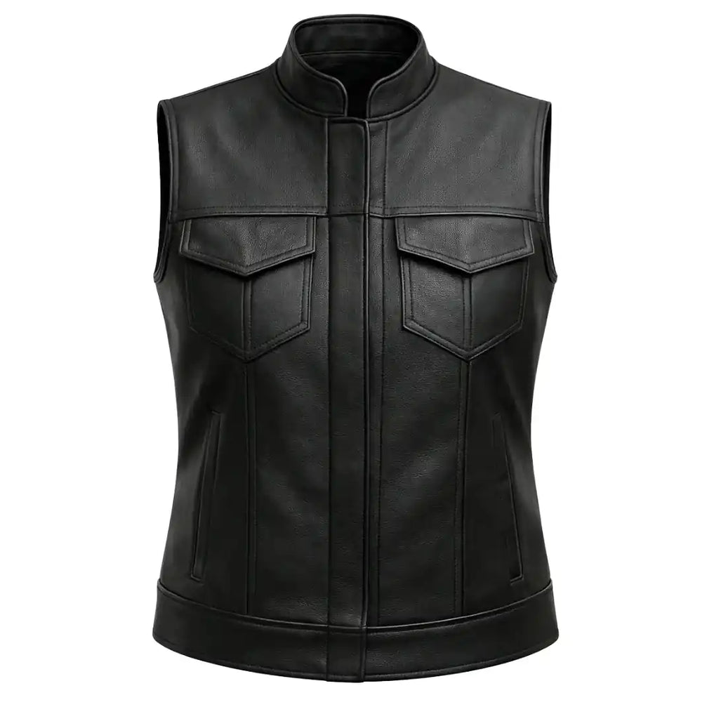 Front view featuring Lynda women's club style motorcycle vest, with brand detailing visible