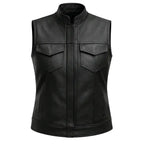 Front view featuring Lynda women's club style motorcycle vest, with brand detailing visible
