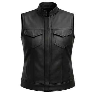 Front view featuring Lynda women's club style motorcycle vest, with brand detailing visible