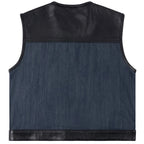 Rear angle of Legacy of Legends denim motorcycle vest, highlighting stitching and material grain