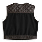 Construction detail of Legacy of Legends cropped chocolate denim twill motorcycle vest