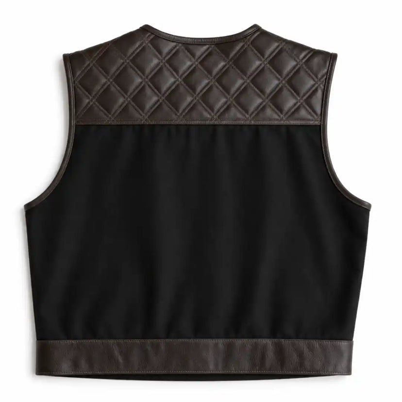 Construction detail of Legacy of Legends cropped chocolate denim twill motorcycle vest