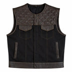 Front view showing Legacy of Legends cropped chocolate denim twill motorcycle vest