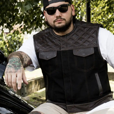 Legacy of Legends 'Cowboy' Black Twill Denim & Dark Chocolate Diamond Stitch Cropped Motorcycle Vest