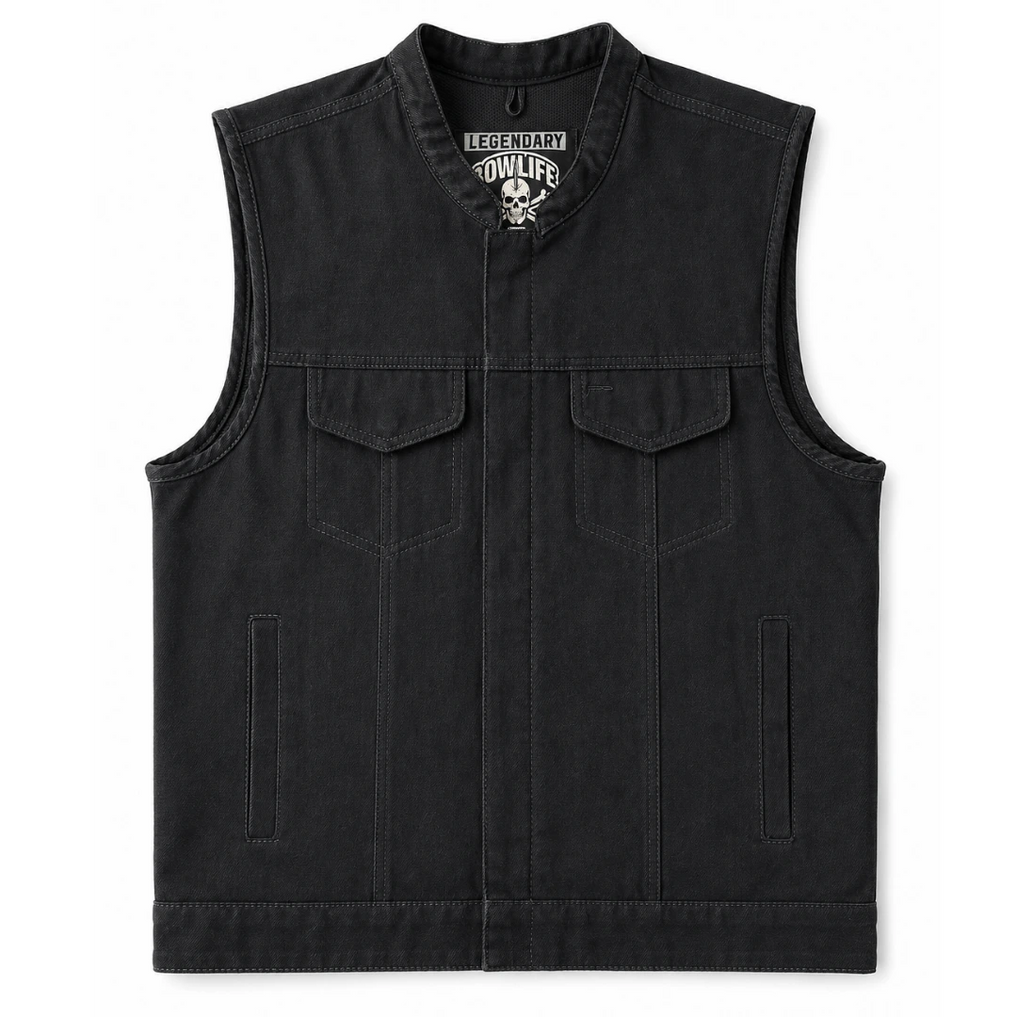 Legendary 'Nightshift' Black Denim Vest front view showing the black cotton design made in USA