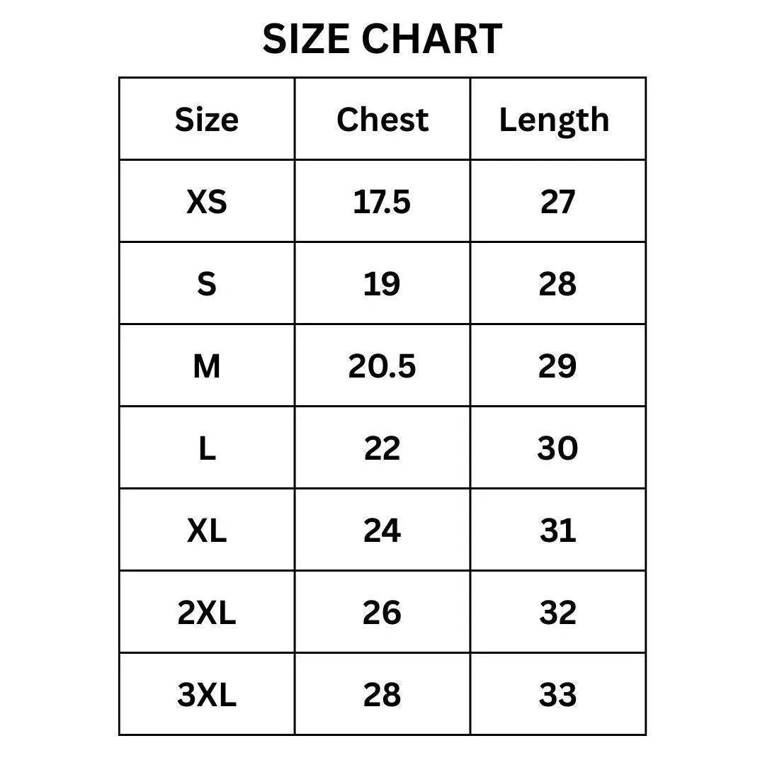 Size chart for Legendary All American t-shirt with chest and length measurements in inches from XS to 3XL