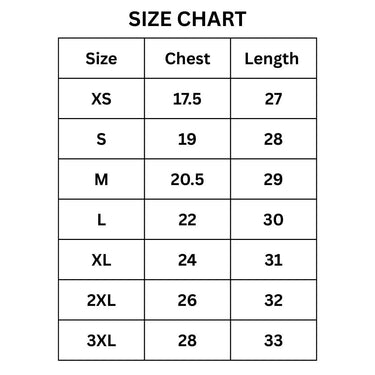 Size chart for Legendary All American t-shirt with chest and length measurements in inches from XS to 3XL