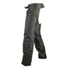 View of Legendary Bad Ass Leather Motorcycle Chaps in brown from side angle showing full leg coverage and snap closures, Made in USA