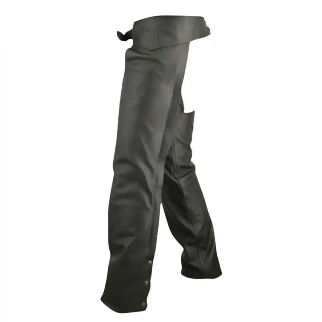 View of Legendary Bad Ass Leather Motorcycle Chaps in brown from side angle showing full leg coverage and snap closures, Made in USA