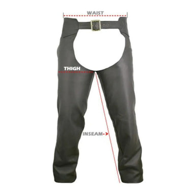 Folded view of brown leather chaps showing interior construction and waistband detail, Made in USA