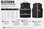 Legendary Beatdown Fitted Club Leather Vest size chart and fitting guide with chest, stomach and back length measurements for sizes S through 5XL, made in USA