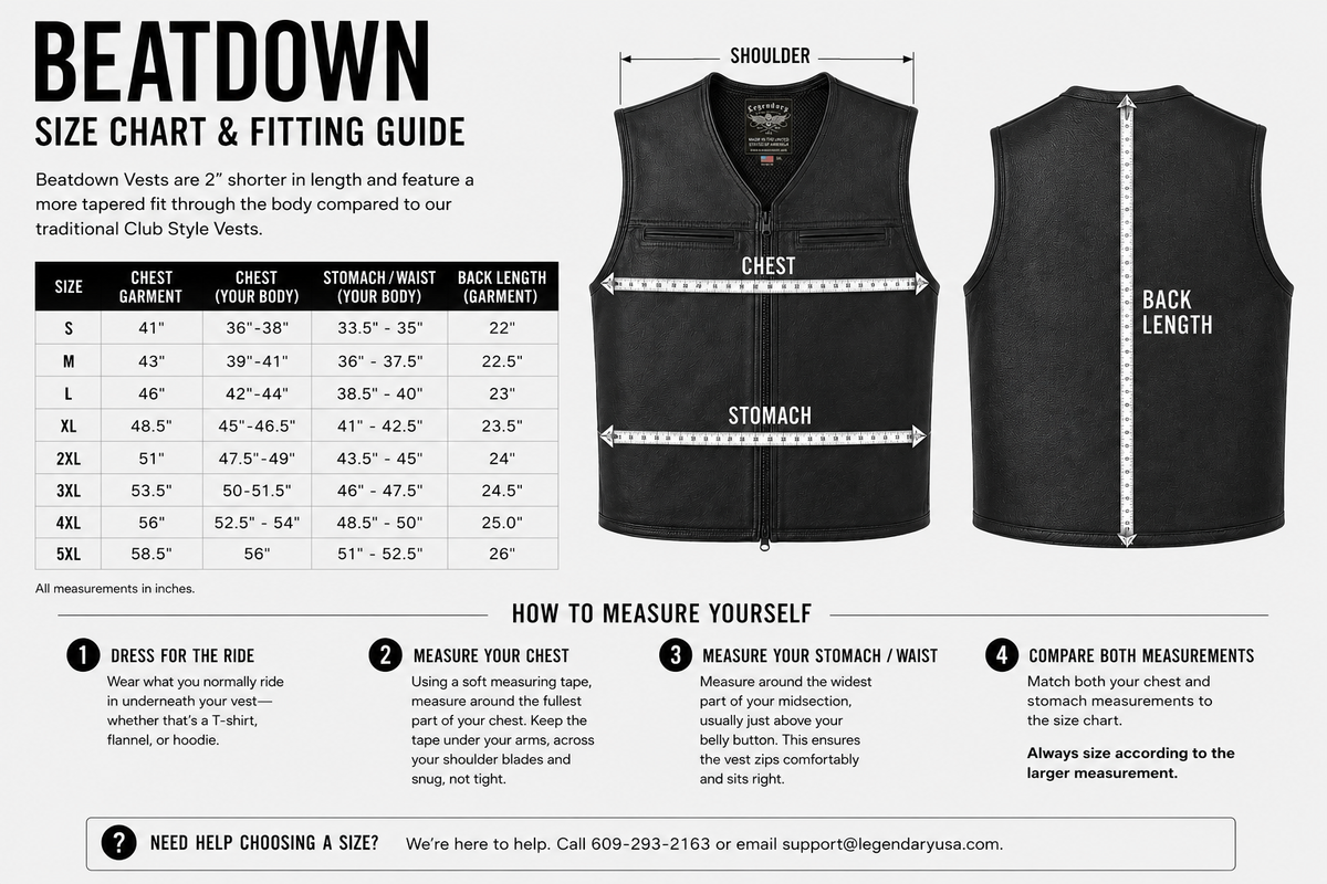 Legendary Beatdown Perforated Leather Vest — Oval Collar — size chart