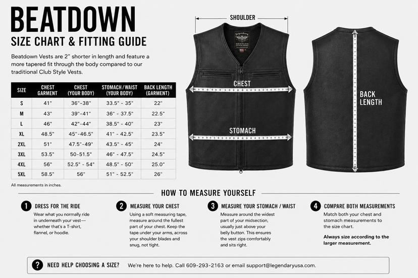 Legendary Beatdown Perforated Leather Vest Oval Collar size chart and fitting guide with chest, stomach and back length measurements for sizes S through 5XL, made in USA