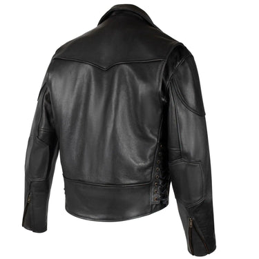 Back view of the Legendary Black Hills leather motorcycle jacket showing clean western yoke design, made in USA