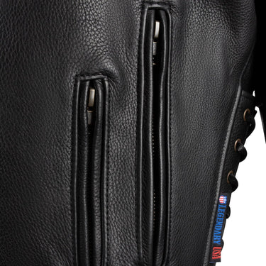 Angled front view of the Legendary Black Hills men's black leather jacket showing side laces and classic biker cut, made in USA