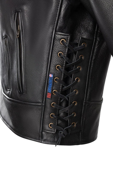 Closeup of the side lacing on the Black Hills motorcycle jacket showing durable grommets and Legendary USA label, made in USA