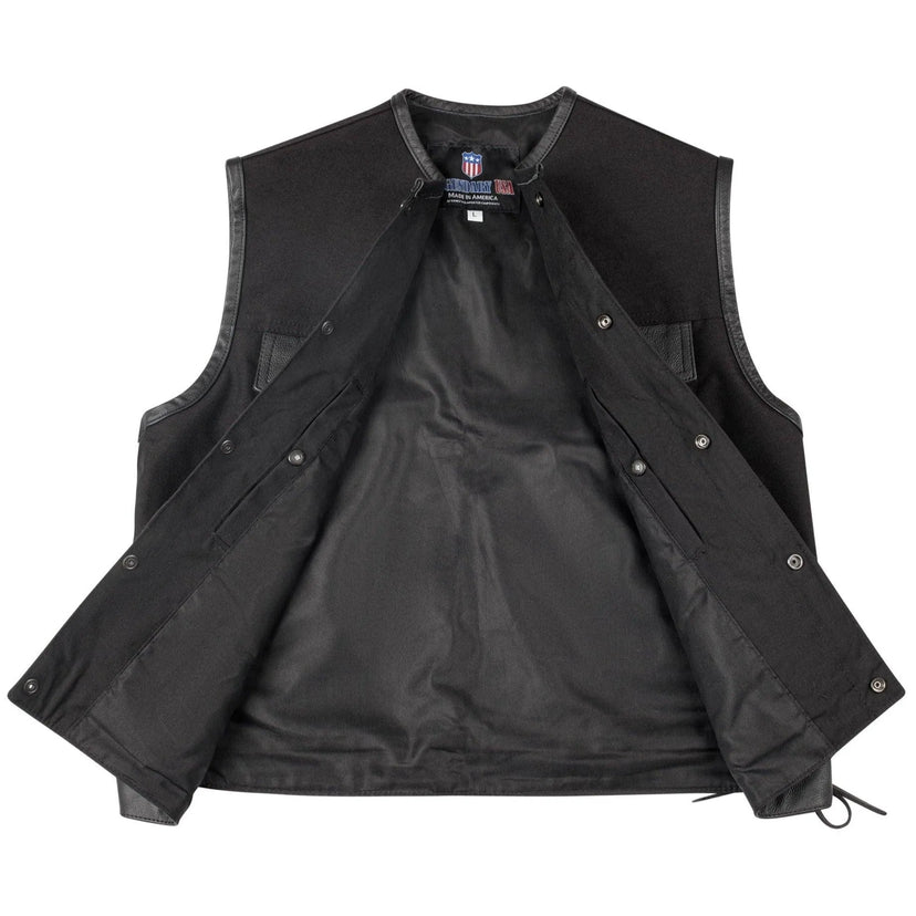Interior view of Legendary Black Jack men’s lightweight Cordura motorcycle vest showing lining and pocket layout, made in USA