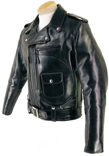 Angled front view of the Legendary Black Stallion leather jacket on mannequin with fur collar attachment
