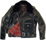 Front view of the Legendary Black Stallion leather jacket with plaid lining and open chest showing inside details