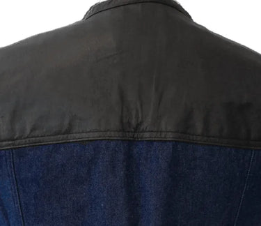 Close-up of leather shoulder panel on Legendary Blue Demo vest showing texture and stitching detail, Made in USA