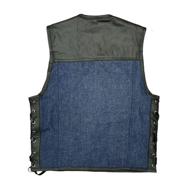 Back view of Legendary Blue Demo vest showcasing clean denim panel and braided leather sides, Made in USA