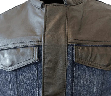 Close-up of chest and collar area of Legendary Blue Demo vest with flap pockets and leather trim, Made in USA