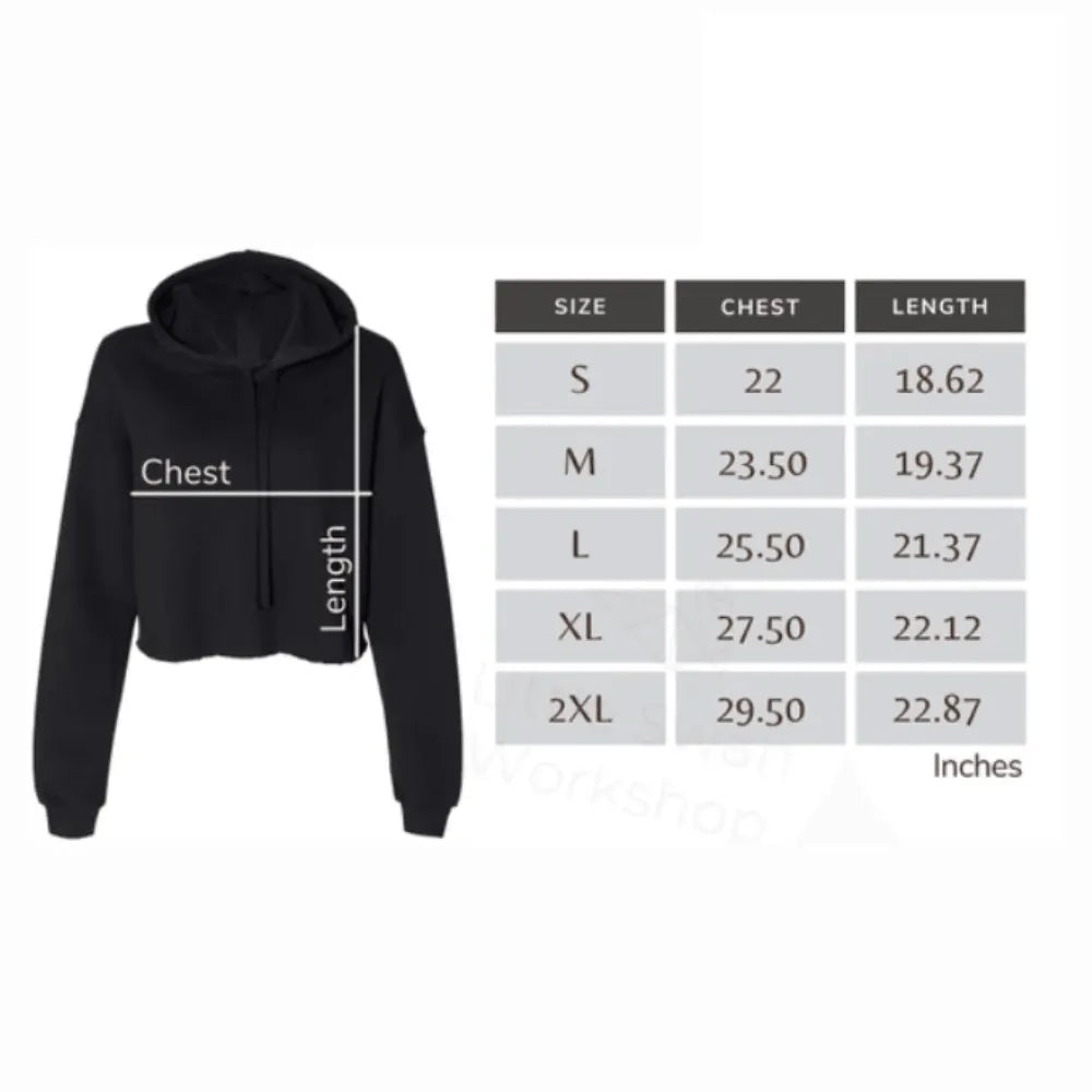 Size chart and measurement guide for the Legendary USA Booty Call cropped hoodie with chest and length dimensions
