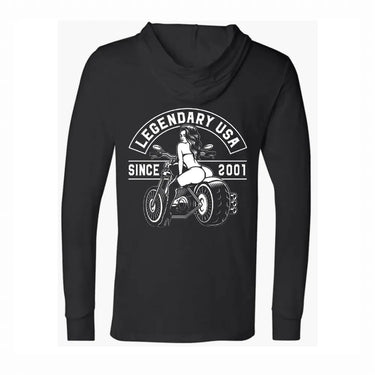 Legendary Booty Call lightweight motorcycle hoodie, back flat lay showing graphic of pin-up girl on chopper with Legendary USA since 2001