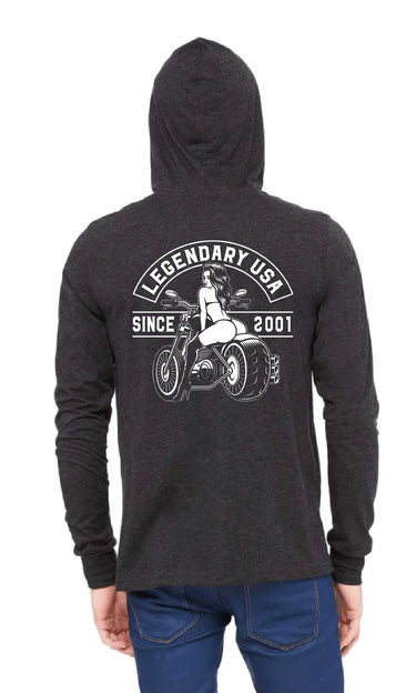 Male model wearing Legendary Booty Call lightweight hoodie, back view showing bold motorcycle pin-up graphic