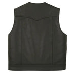 Back view of Legendary Brotherhood leather motorcycle vest with clean panel design and western yoke, Made in USA