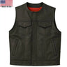 Front view of Legendary Brotherhood men's leather motorcycle vest with snap front and concealed pockets, Made in USA