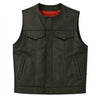 Front view of Legendary Brotherhood men's leather motorcycle vest with snap front and concealed pockets, Made in USA