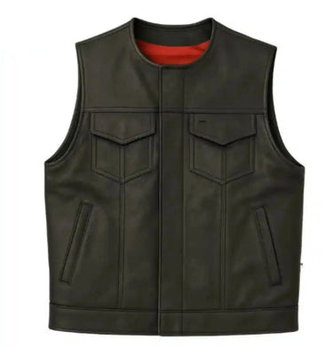 Front view of Legendary Brotherhood men's leather motorcycle vest with snap front and concealed pockets, Made in USA