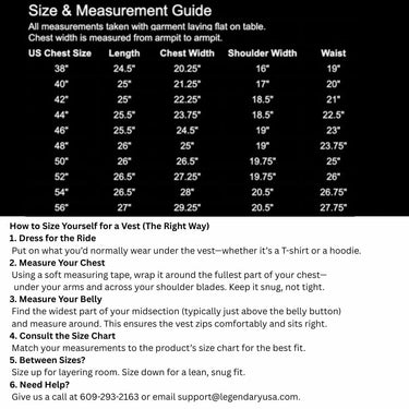 Size and measurement guide for Legendary USA leather motorcycle vests including Brotherhood style