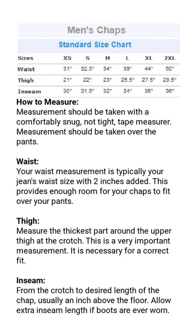 Sizing chart and measuring guide for Legendary Bad Ass Leather Motorcycle Chaps including waist, thigh, and inseam