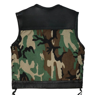 Back view of Legendary Camo Cordura & leather motorcycle vest with extended black leather yoke, made in USA