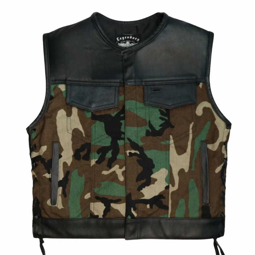 Front view of Legendary camo club-style motorcycle vest made with Cordura fabric and black leather trim, made in USA