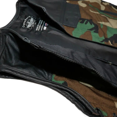 Close-up of inside concealed carry pocket and zipper detail on Legendary Camo leather motorcycle vest, made in USA