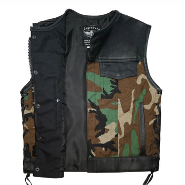 Open view of Legendary camo motorcycle vest showing black liner and interior construction, made in USA