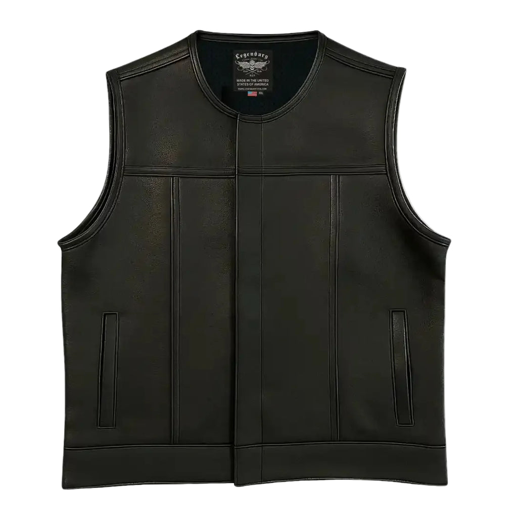 Front view of Legendary Classic NCP Fitted Leather Club Style Motorcycle Vest with clean finish, made in USA