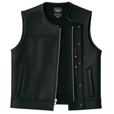 Legendary Classic NCP Leather Motorcycle Vest open to show inner mesh lining, zipper, and snaps, made in USA