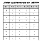 Size chart for Legendary Classic NCP Leather Vests including chest, stomach, shoulder, and back length in inches, made in USA