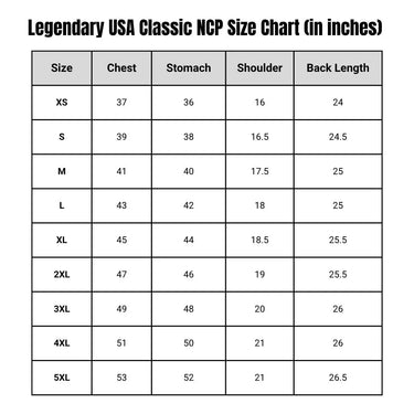 Size chart for Legendary Classic NCP Leather Vests including chest, stomach, shoulder, and back length in inches, made in USA