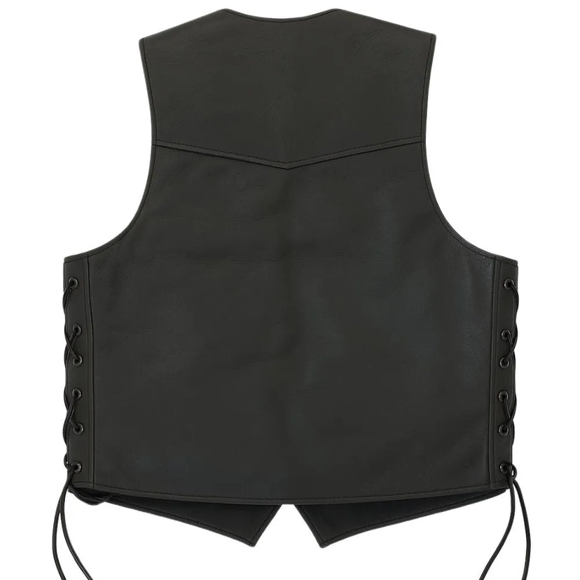 Back view of the Legendary Club Style leather vest showing clean panel design and adjustable side lacing